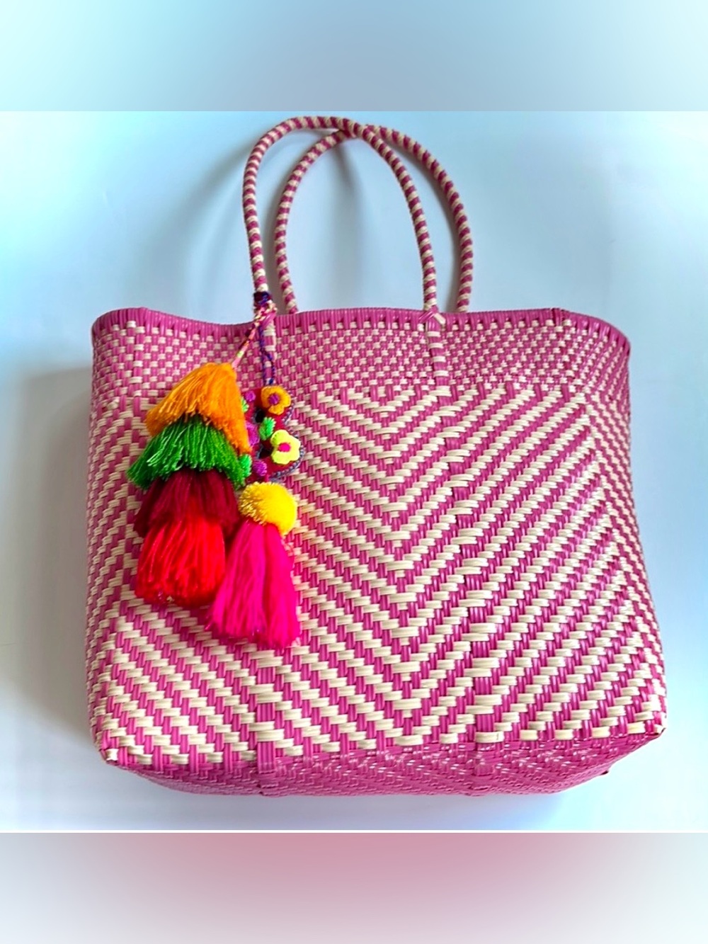 Pink Woven Tote with Colorful Tassels